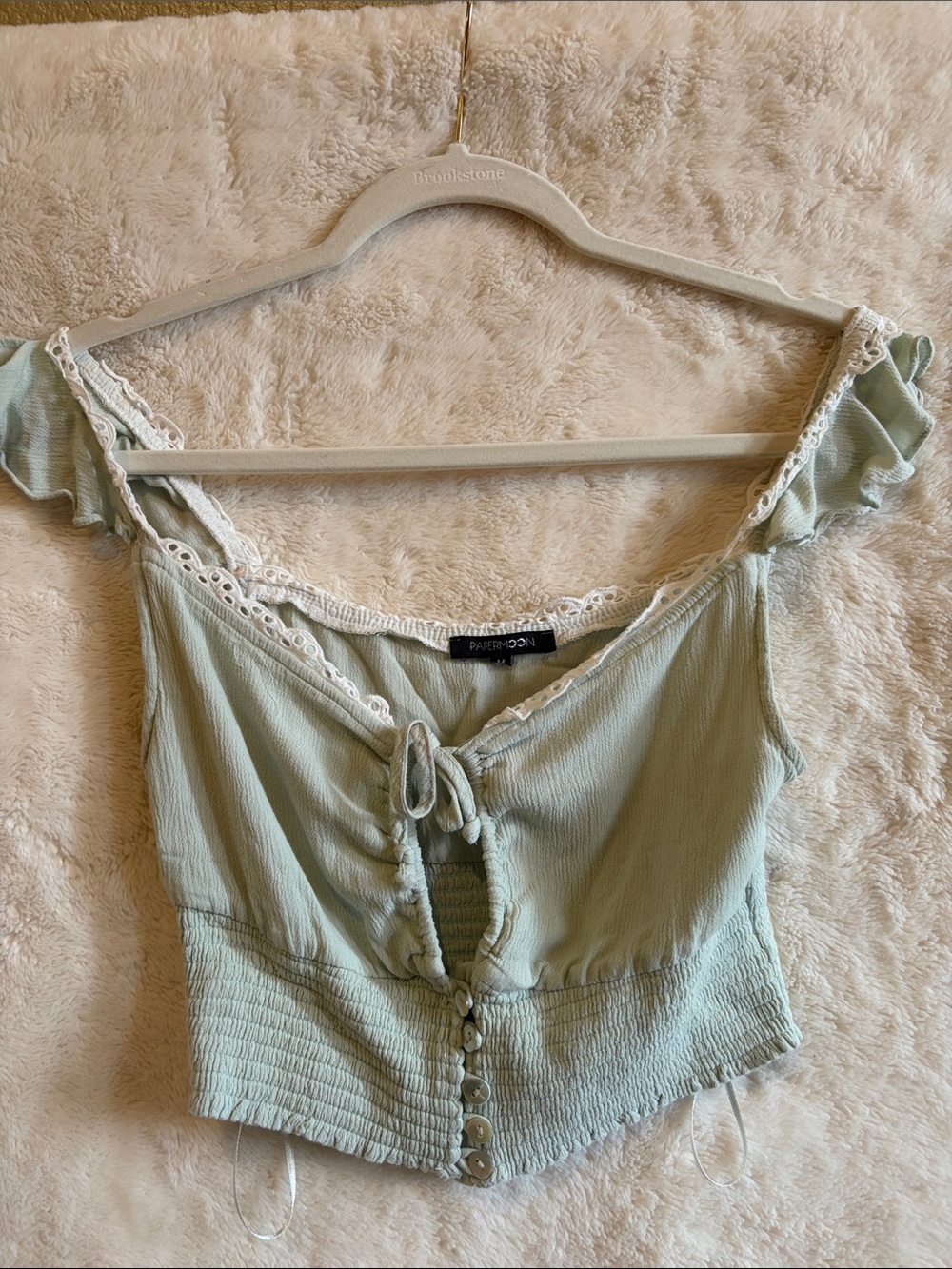 Papermoon Sage Green Lace-Trim Off-Shoulder Crop Top